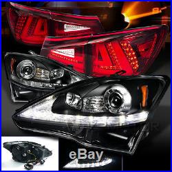 06-08 Lexus IS250 Black LED DRL Signal Projector Headlights+Red LED Tail Lamps