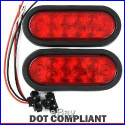 2 Red 6 Oval Trailer Lights 10 LED Stop Turn Tail Truck Sealed w Grommet Plug