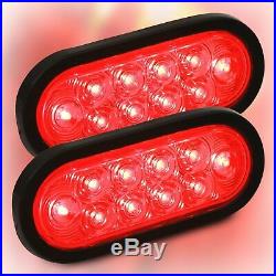2 Red 6 Oval Trailer Lights 10 LED Stop Turn Tail Truck Sealed w Grommet Plug