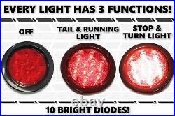 4 Round (8) Red 10 LED Stop Turn Tail Light Flush Mount Truck Trailer