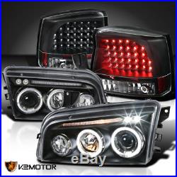 Black 2006-2008 Dodge Charger Halo LED Projector Headlights+LED Tail Lights