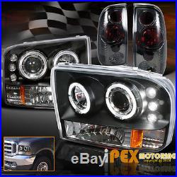 Black 99-04 Ford F250 Super-Duty Halo LED Projector Head Light+Smoke Tail Lamps