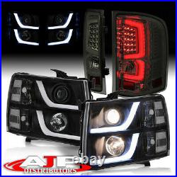 Black Housing Led Drl Headlights + Black Led Tail Lights For 2007-2013 Silverado