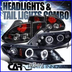 Fit 2006-2011 Honda Civic 4Dr Black Halo LED Projector Headlights+Tail Lamps