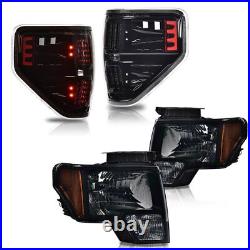 Fit For 2009-2014 Ford F150 Smoke Lens Headlights+LED Tail Brake Lamps Pair
