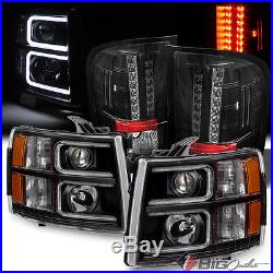 For 07-14 Silverado Black LED-Tube Pro Headlights + LED Tail Lights LED Signal