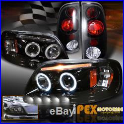 For 1997-2003 Ford F150 Halo Projector Shiny Black LED Headlights + Tail Lights