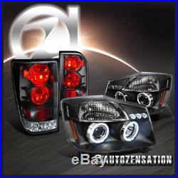 For 2004-2015 Nissan Titan Black Halo LED Projector Headlights+Tail Lamp