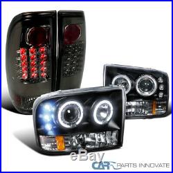 For 99-04 F250 F350 SuperDuty Black Halo Projector Headlights+LED Smoke Tail