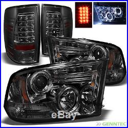 For Smoked 10-17 Dodge Ram Halo LED Projector Headlights+LED Tail Lamp Lights