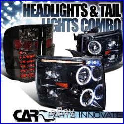 Glossy Black 07-14 Silverado Halo LED Projector Headlights+Smoke LED Tail Lamp