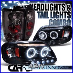Glossy Black 97-02 Ford Expedition Halo LED Projector Headlights+Smoke Tail Lamp