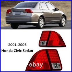 LED Tail Lights Pair For 01-05 Honda Civic 4Dr Sedan Chrome Red Rear Brake Lamps