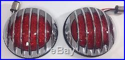 Pair Flush Fit Universal Round LED Tail Lights Hot Rod Chrome Finned Grill