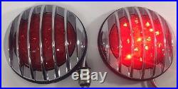 Pair Flush Fit Universal Round LED Tail Lights Hot Rod Chrome Finned Grill